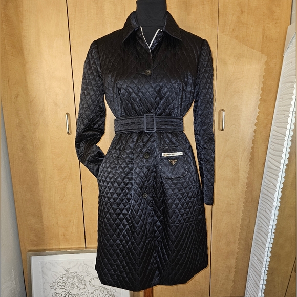 PRADA Black Diamond Quilted Trench Coat with triangle logo AUTHENTIC - Picture 4 of 17